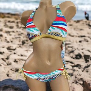 Roxy Bikini Set 2 Piece Swimsuit 70S Criss Cross Top & Low Rider Bottom Side Tie